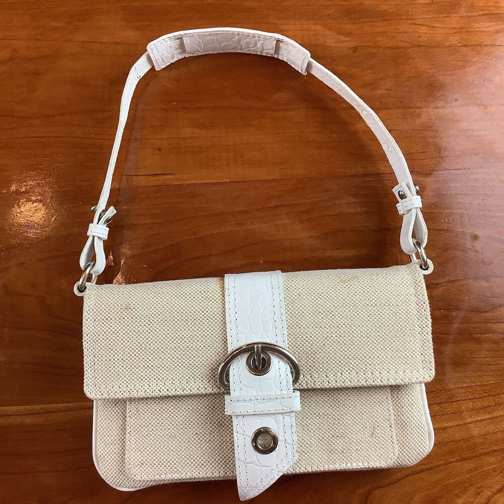 Via Repubblica Small White Leather Canvas Shoulder Bag Vintage Y2K Purse Coastal